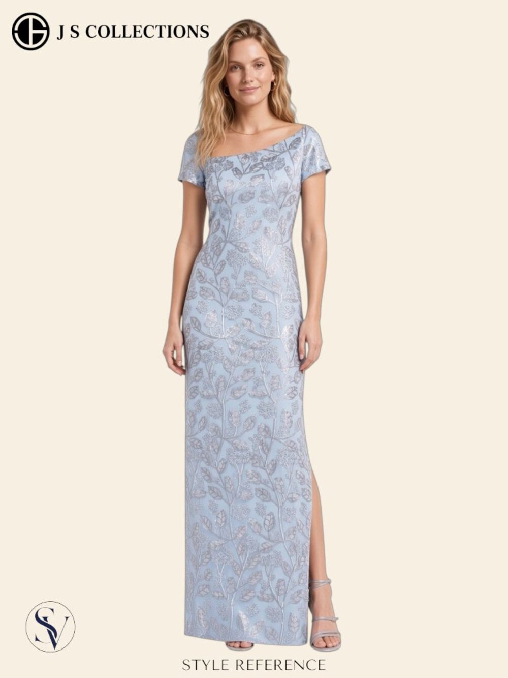 JS Collections Julia Light Blue Sequin Leaf Embroidered Gown Size 10